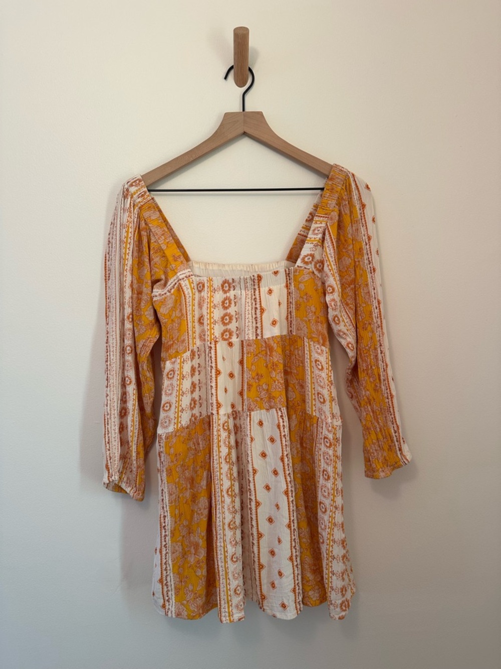 En Creme Cream Yellow Patchwork Boho Peasant Summery Country Babydoll Mini Dress